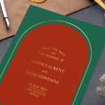 Invitación Con Relieve Metalizado El verde rojo de lujo y el oro salvan la fecha<br><div class="desc">Presentamos nuestro Luxury y ahorre lo mínimo la tarjeta de fecha, ideal para su próxima ocasión especial! Este bonito diseño presenta delicados elementos ovalados de Relieve metalizado que le confieren un toque sutil de sofisticación y encanto. La paleta de colores rojo y verde aporta un toque moderno y tradicional, lo...</div>