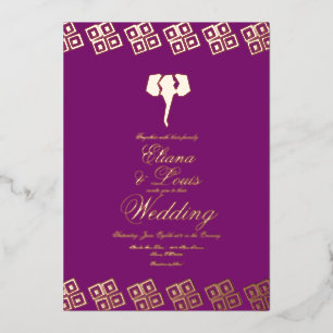 Invitación Con Relieve Metalizado Elefante Africano Ankara Morado Boda Prensado