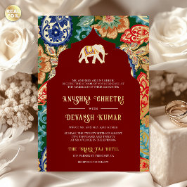 Invitación Con Relieve Metalizado Elefante de Arte Popular Indio Boda Oro Rojo Oscur