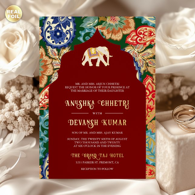 Invitación Con Relieve Metalizado Elefante de Arte Popular Indio Boda Oro Rojo Oscur (Subido por el creador)