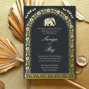 Invitación Con Relieve Metalizado Elefante dorado y Boda indio Lotus Flower