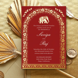 Invitación Con Relieve Metalizado Elefante dorado y Boda indio Lotus Flower