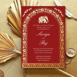 Invitación Con Relieve Metalizado Elefante dorado y Boda indio Lotus Flower
