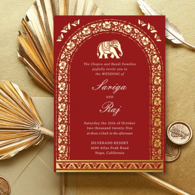 Invitación Con Relieve Metalizado Elefante dorado y Boda indio Lotus Flower (Indian wedding invitation with gold foil elephant and lotus flower motifs, traditional hindu wedding)