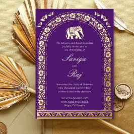 Invitación Con Relieve Metalizado Elefante dorado y Boda indio Lotus Flower