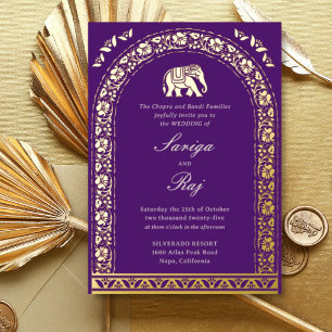 Invitación Con Relieve Metalizado Elefante dorado y Boda indio Lotus Flower
