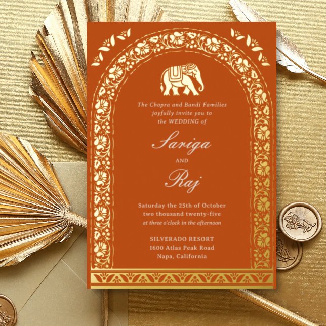 Invitación Con Relieve Metalizado Elefante dorado y Boda indio Lotus Flower (Orange indian wedding invitation, gold foil elephant and lotus flower motif, hindu wedding card)