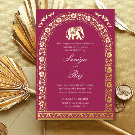 Invitación Con Relieve Metalizado Elefante dorado y Boda indio Lotus Flower