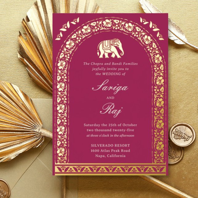 Invitación Con Relieve Metalizado Elefante dorado y Boda indio Lotus Flower (Pink Indian wedding invitation with elephant and lotus flower motif, hindu wedding invitation card)