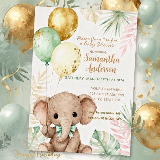 Invitación Con Relieve Metalizado Elefante Marrón Verde Sage Globos Baby Shower