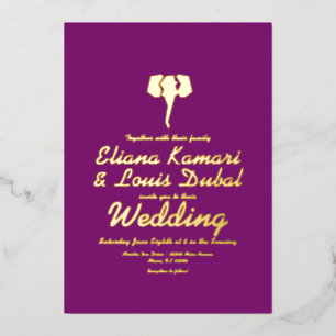 Invitación Con Relieve Metalizado  Elefante Morado Prensa Étnica Nupcial  