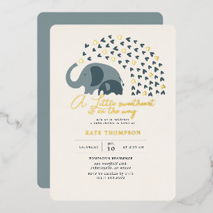Invitación Con Relieve Metalizado Elefante Niño Bañito de Oro Corazón Dulce