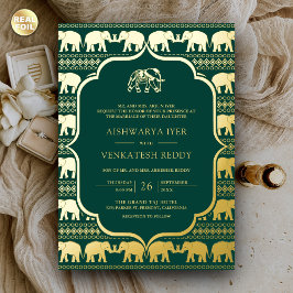 Invitación Con Relieve Metalizado Elefante Verde Esmeralda Boda Fotografía India Oro