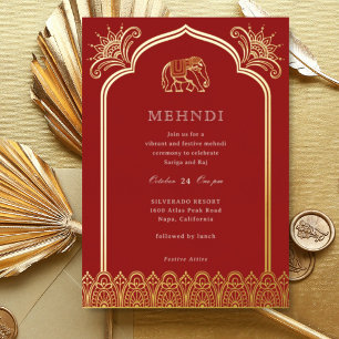Invitación Con Relieve Metalizado Elefante y diseño de henna Patrón Mehndi indio dor