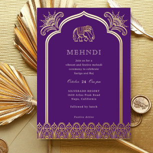 Invitación Con Relieve Metalizado Elefante y diseño de henna Patrón Mehndi indio dor