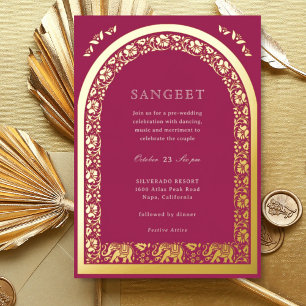 Invitación Con Relieve Metalizado Elefante y Flor de Loto Sangeet Indio de Oro