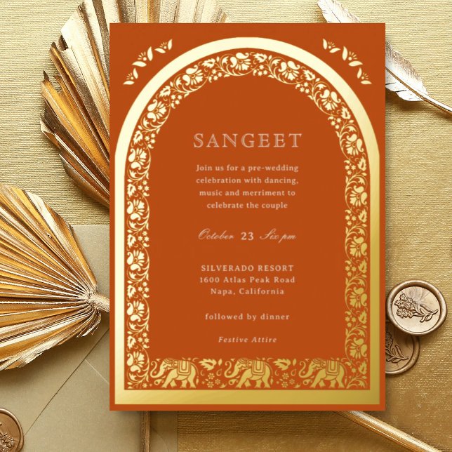 Invitación Con Relieve Metalizado Elefante y Lotus Flower Indian Sangeet Gold (Orange Indian wedding Sangeet invitation, elephant and lotus flower, hindu wedding invitation card)