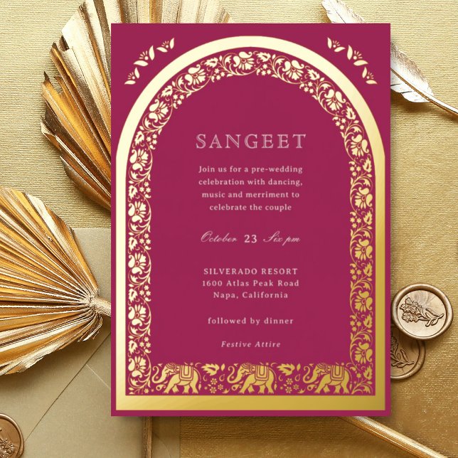 Invitación Con Relieve Metalizado Elefante y Lotus Flower Indian Sangeet Gold (Pink Indian wedding Sangeet invitation, elephant and lotus flower, hindu wedding invitation card)
