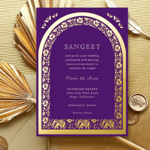Invitación Con Relieve Metalizado Elefante y Lotus Flower Indian Sangeet Gold