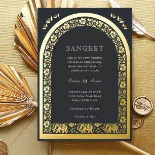 Invitación Con Relieve Metalizado Elefante y Lotus Flower Indian Sangeet Gold