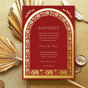 Invitación Con Relieve Metalizado Elefante y Lotus Flower Indian Sangeet Gold