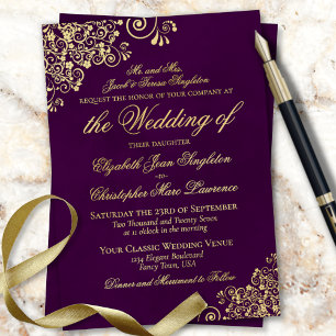 Invitación Con Relieve Metalizado Elegancia Clásica Ciruela Púrpura Boda Formal Dora