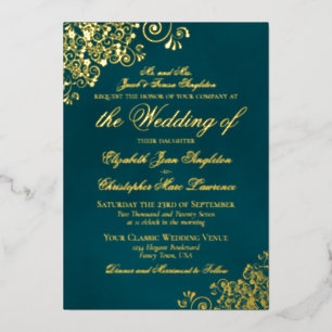 Invitación Con Relieve Metalizado Elegancia Clásica Dorada sobre Azul Turquesa Oscur
