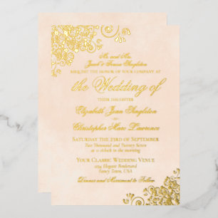 Invitación Con Relieve Metalizado Elegancia Clásica Mármol Melocotón Boda Formal Oro