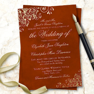 Invitación Con Relieve Metalizado Elegancia Clásica Naranja Herrumbre Formal Bodas D