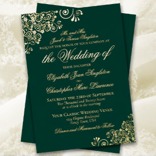 Invitación Con Relieve Metalizado Elegancia clásica oro verde esmeralda Boda formal