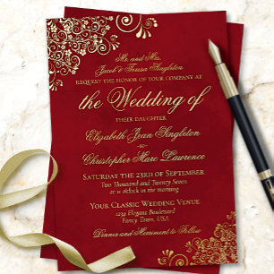 Invitación Con Relieve Metalizado Elegancia Clásica Rojo Carmesí Boda Formal Dorado