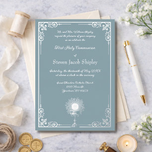 Invitación Con Relieve Metalizado Elegancia de comunión cáliz plateado azul polvorie