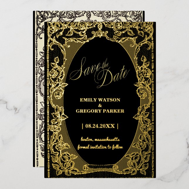 Invitación Con Relieve Metalizado Elegancia en negro y oro, marco de arte (Anverso/Reverso)