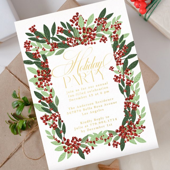 Invitación Con Relieve Metalizado Elegancia encantada Fiesta de Navidades botánicos (Subido por el creador)
