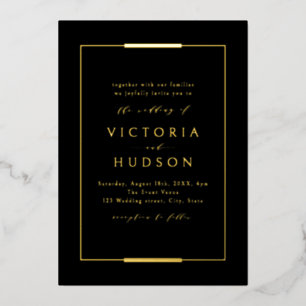 Invitación Con Relieve Metalizado Elegancia enmarcada boda moderna simple negro oro