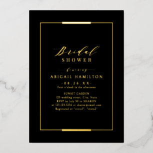 Invitación Con Relieve Metalizado Elegancia enmarcada en negro y dorado para ducha d