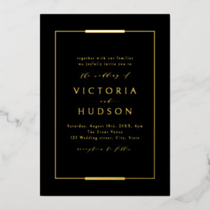 Invitación Con Relieve Metalizado Elegancia enmarcada Oro Negro Simple Boda Moderno