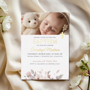 Invitación Con Relieve Metalizado Elegancia floral rosa con foto y bautismo cruzado