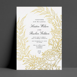 Invitación Con Relieve Metalizado Elegancia Flores Negras Corona Dorada Boda
