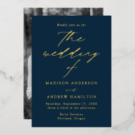 Invitación Con Relieve Metalizado Elegancia Moderna Boda de Foto en Azul Marino y Do