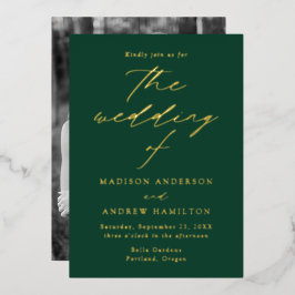 Invitación Con Relieve Metalizado Elegancia Moderna Boda de Foto Verde y Dorado