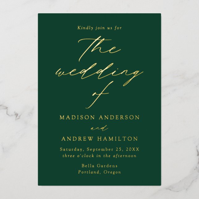 Invitación Con Relieve Metalizado Elegancia moderna Verde y Boda de oro (Anverso)