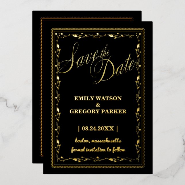 Invitación Con Relieve Metalizado Elegancia Negra y Dorada, Marco de Arte (Anverso/Reverso)