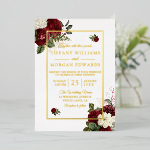 Invitación Con Relieve Metalizado Elegancia Romántica: Boda Floral Burgundy y Blanco