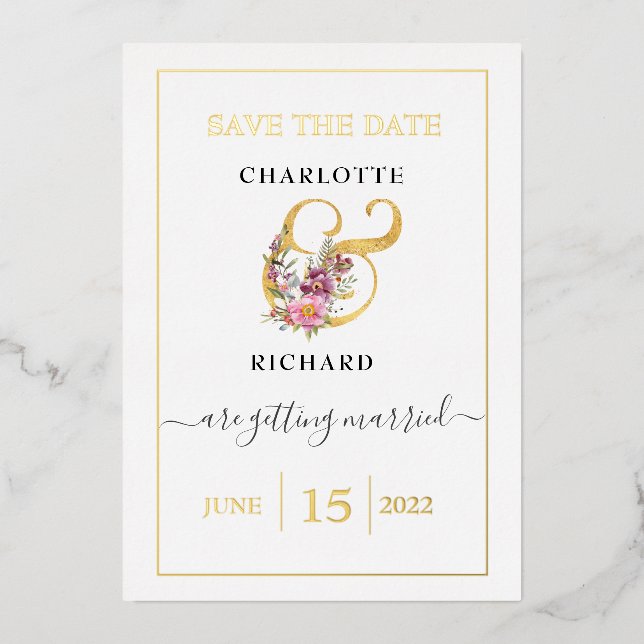 Invitación Con Relieve Metalizado Elegancia simple, GUARDAR LA FECHA, decorativa "&" (Anverso)