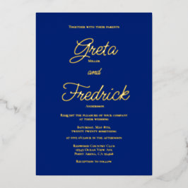 Invitación Con Relieve Metalizado Elegancia simple y eterna Boda azul real oro