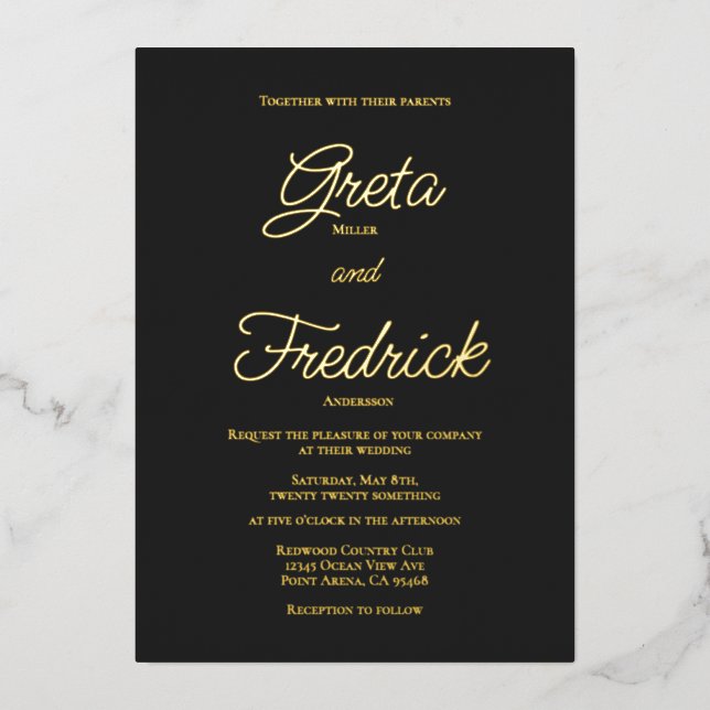 Invitación Con Relieve Metalizado Elegancia simple y eterna Boda negro mate de oro (Anverso)