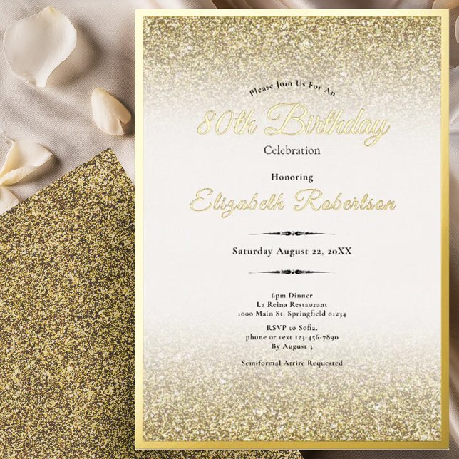 Invitación Con Relieve Metalizado Elegant 80th Birthday Black and Gold Glitter (Subido por el creador)