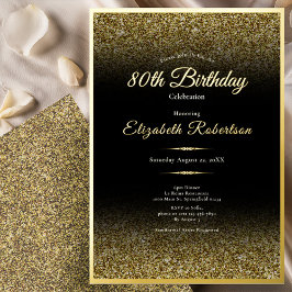 Invitación Con Relieve Metalizado Elegant 80th Birthday Black and Gold Glitter