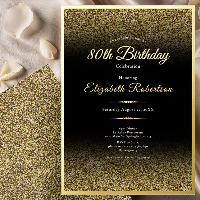 Invitación Con Relieve Metalizado Elegant 80th Birthday Black and Gold Glitter (Subido por el creador)